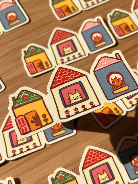 3 Cats in houses sticker